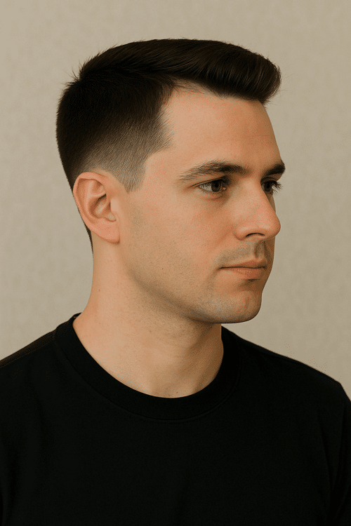 Clean taper haircut for men at a North Vancouver barbershop – a sharp, professional look with neatly faded sides.